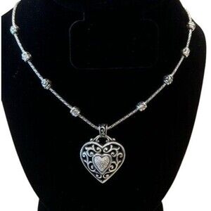 Brighton Large RENO HEART Silver Crystal Puffy Heart Pendant Necklace 18"